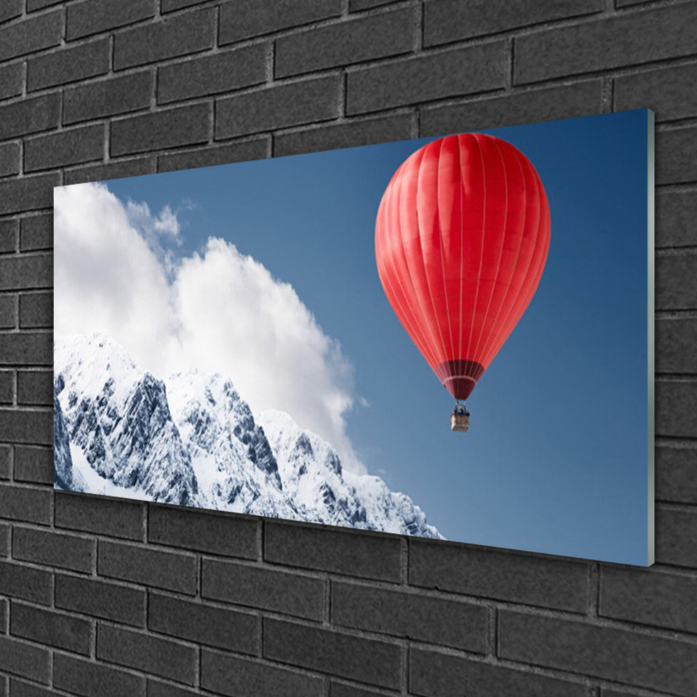 Glasbild Heißluftballon Berg Schnee