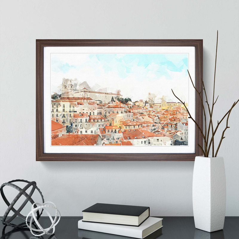 Alfalma Lisbon Portugal Skyline in Abstract - Picture Frame Graphic Art Print, 27cm H x 36cm W x 2cm D, Walnut Framed