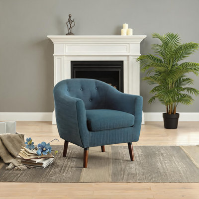 Fauteuil d'appoint en tissu texturé bleu riche pour sièges de salon style Mid-Century capitonné avec pieds en bois massif