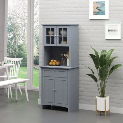 Gray Freestanding Kitchen Buffet Hutch with Microwave Nook, Drawer & Storage Cabinets