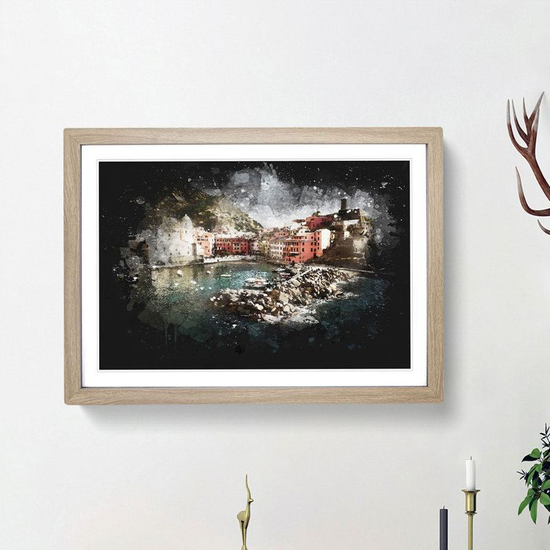 Boats in Vernazza Italy - Picture Frame Painting Print, 45cm H x 63cm W x 2cm D, Oak Framed