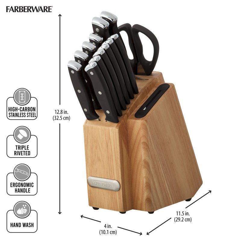 Black 14-Piece Knife Block Set with Built-In Sharpener