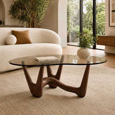 43" Abstract Triangle Glass Coffee Table with Sculptural Black Walnut Base