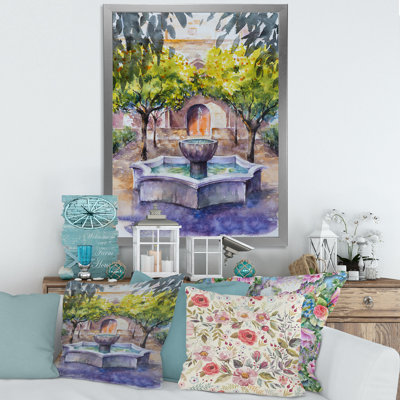 Petite fontaine avec arbres dans le village - peinture sur toile