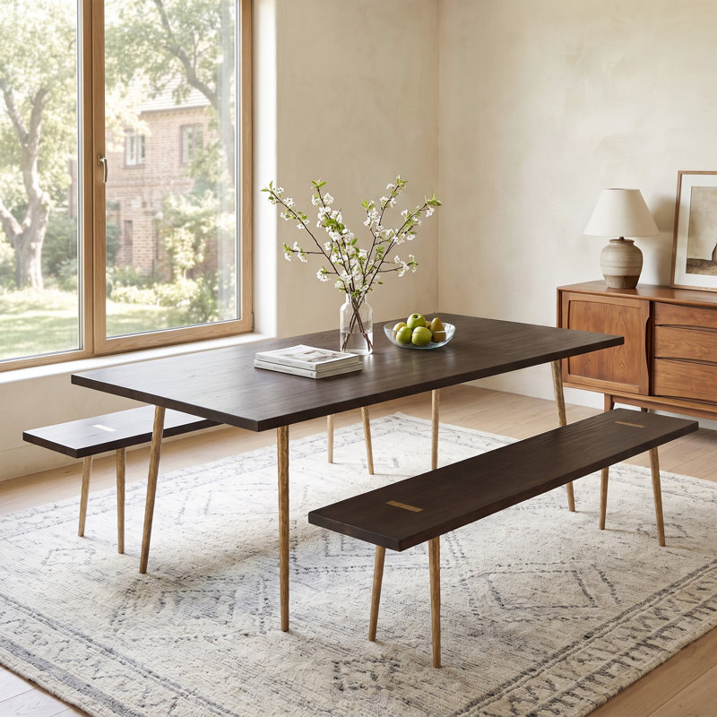 Ensemble de table de salle à manger de luxe à effet grain de bois avec pieds en métal, Brun, 3 pièces: table, 2 bancs