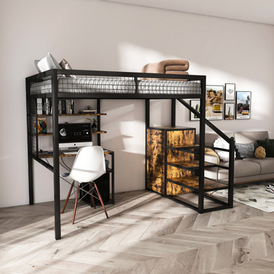 Lit mezzanine avec bureau rectangulaire, ports et support de rangement spacieux pour les adolescents, garde-robe noire, structure en métal renforcé, chambres compactes,