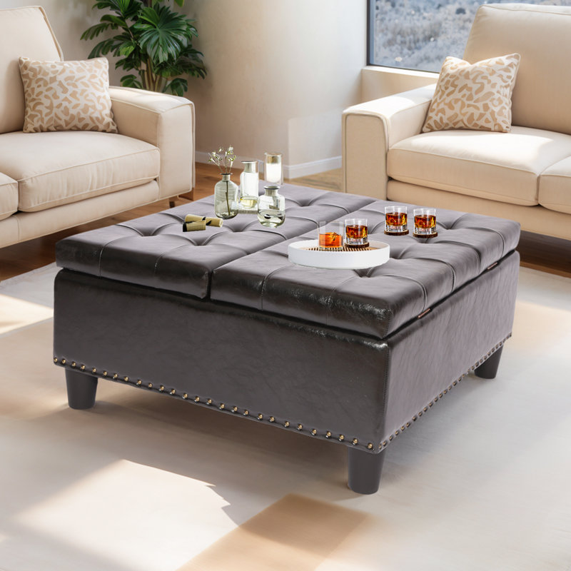 35" Wide PU Leather Button Tufted Square Bench Coffee Table Upholstered Lift-Top Ottoman with Storage, Black