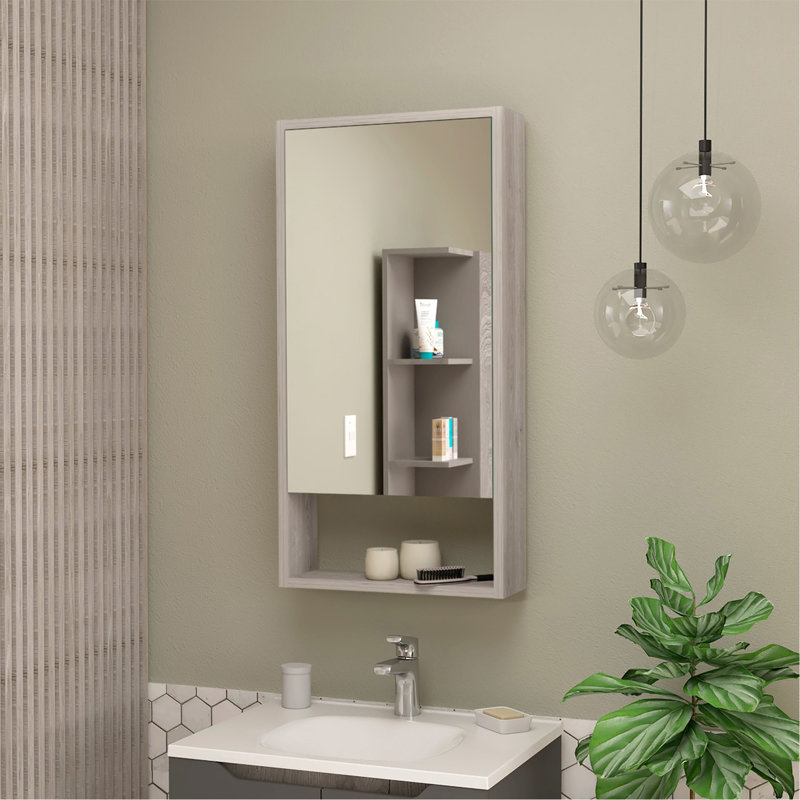 Armoire à pharmacie, une tablette ouverte, armoire à miroir avec deux tablettes intérieures