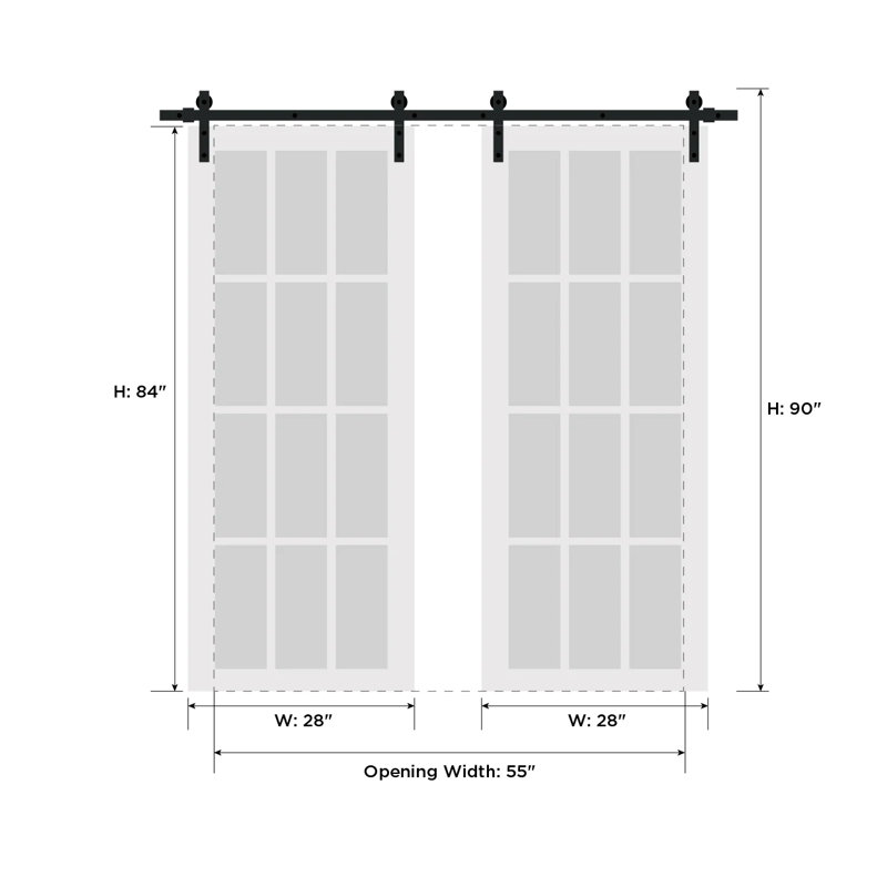 Grey Ash Solid Core 5-Panel Barn Door Kit with Frosted Glass