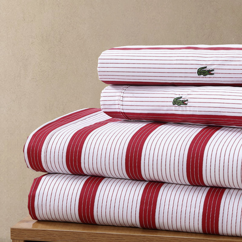 Lacoste Cotton Percale Print Sheet Set, Cooling & Breathable Bedding, Deep Pocket Fitted Sheet, Archive Chili Pepper, California King