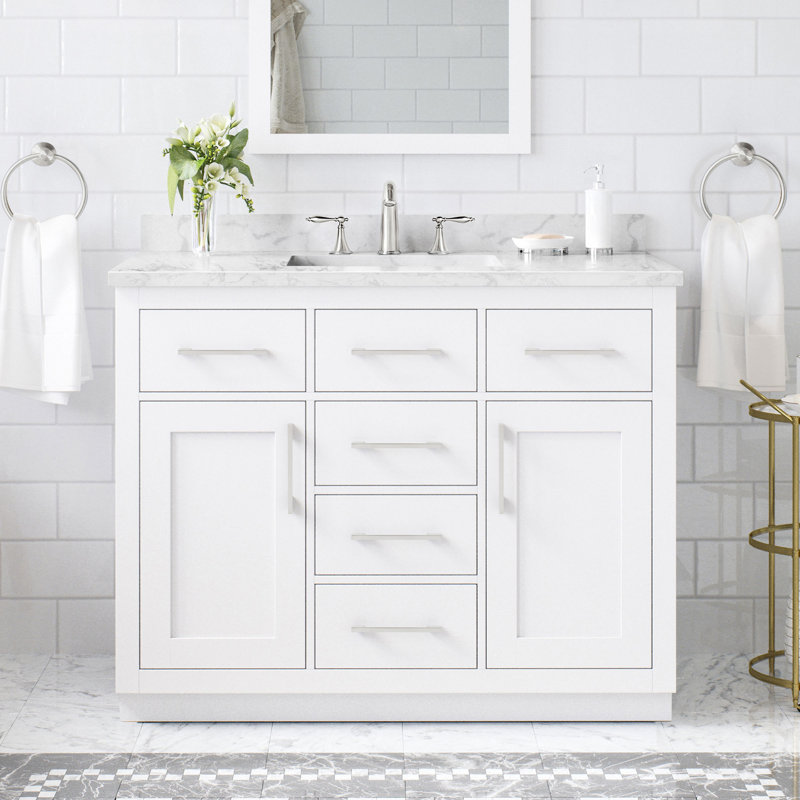 Meuble-lavabo autoportant blanc simple 42 po avec plateau en marbre d'ingénierie Athea et quincaillerie en nickel brossé Athea