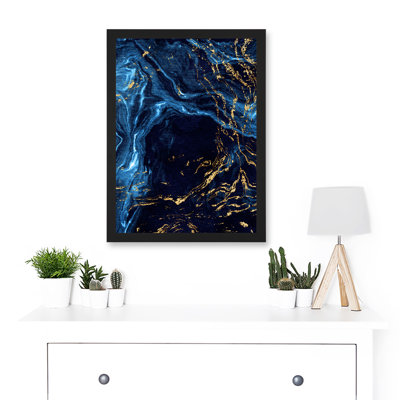 Abstract Dark Blue Gold Water Modern - Single Picture Frame Print