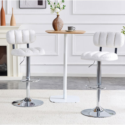 Ensemble de 2 tabourets de bar à hauteur ajustable, cuir d'unité centrale blanc revêtu de chrome avec base et repose-pieds, tabourets de confort modernes pour îlot de cuisine, bar personnel, salon