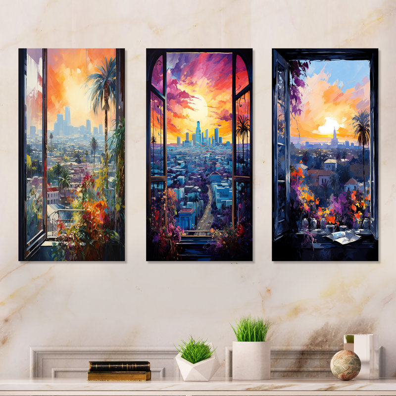 Los Angeles Window View I - Ensemble de 3 décorations murales pour fenêtre, H 28 po x l 36 po, Toile tendue