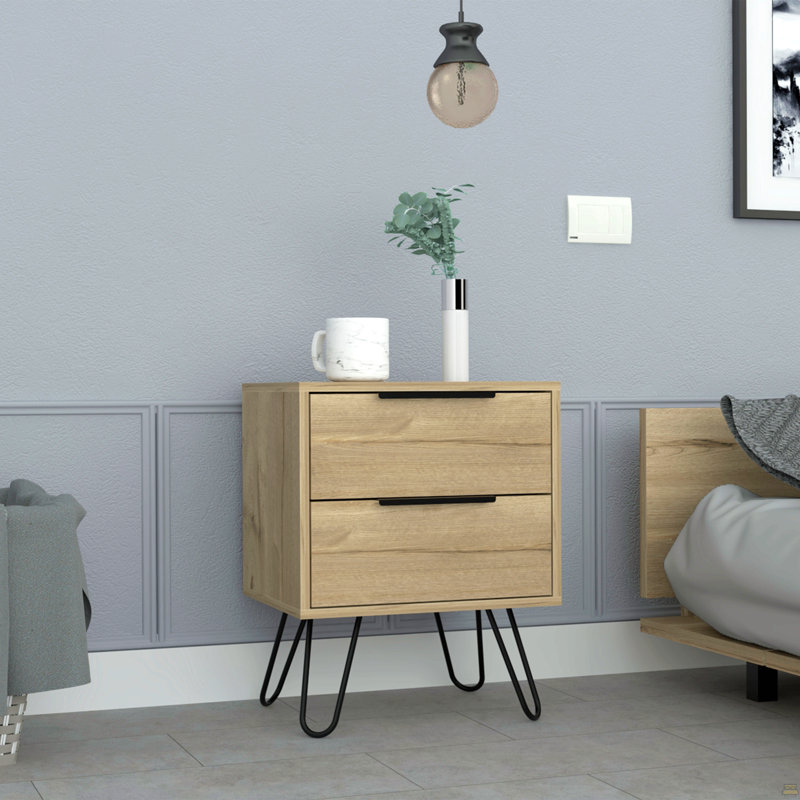 Table de chevet Skyoner 2, pieds Harpin, deux tiroirs, Noir