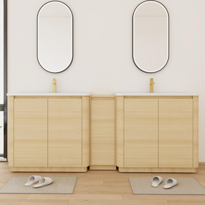 84'' Double Freestanding Bathroom Vanity With Ceramic Top,Bathroom Storage Cabinet And Shelves
