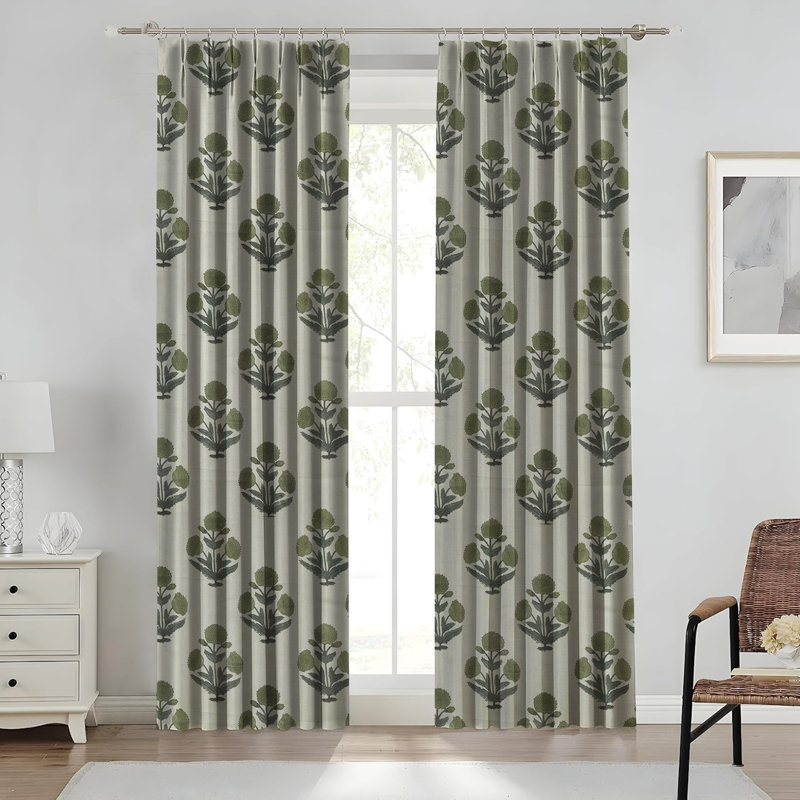 Fabdivine Home Décor Soft Pure Linen Block Print Handmade Floral Pattern Curtains, Pleated Pinch Drape for Blackout and Room Darkening in Home, Office, Patio, Green or Gray, Badshah
