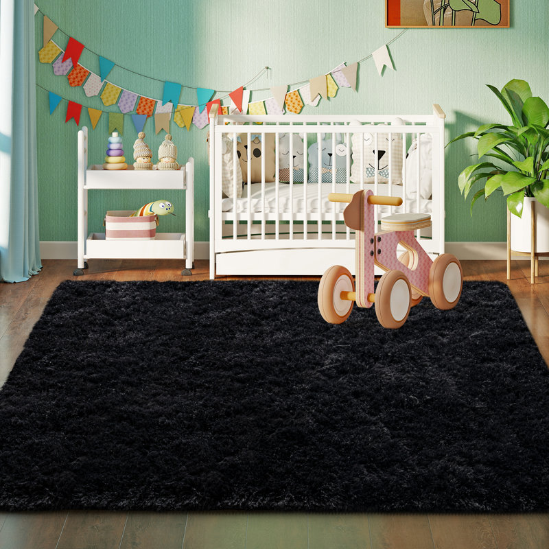 3x5ft Black Shaggy Rug for Living Room, Ultra-Soft Fluffy Rug for Bedroom, Non-Slip Ideal for Kids' Rooms, Dorms, and Home Decor