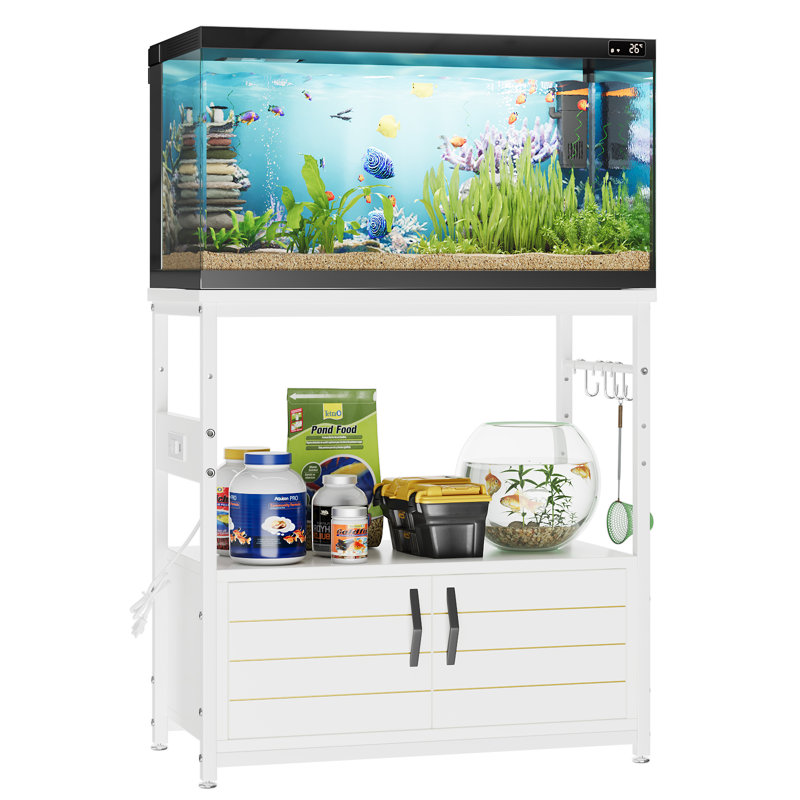 20-29 Gallon Aquarium Stand with Power Outlet, BlackFish Tank Rack with Cabinets ,Rectangle Aquarium Stand with Adjustable Foot and 4 Hooks