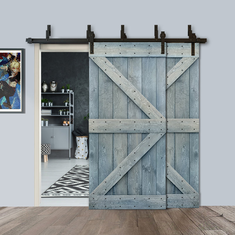 Porte de grange à panneaux et en bois avec quincaillerie d'installation, 40 po x 84 po, Bleu denim