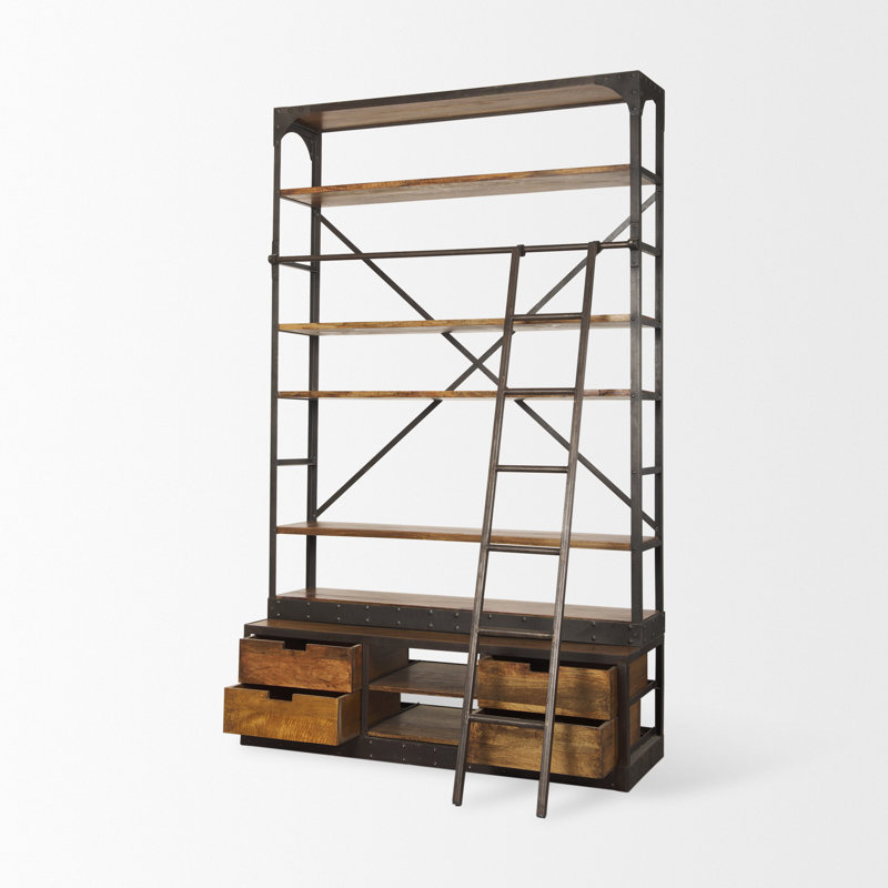 Schlueter 94" Metal and Wood Four Tier Library Bookcase With Ladder, Natural