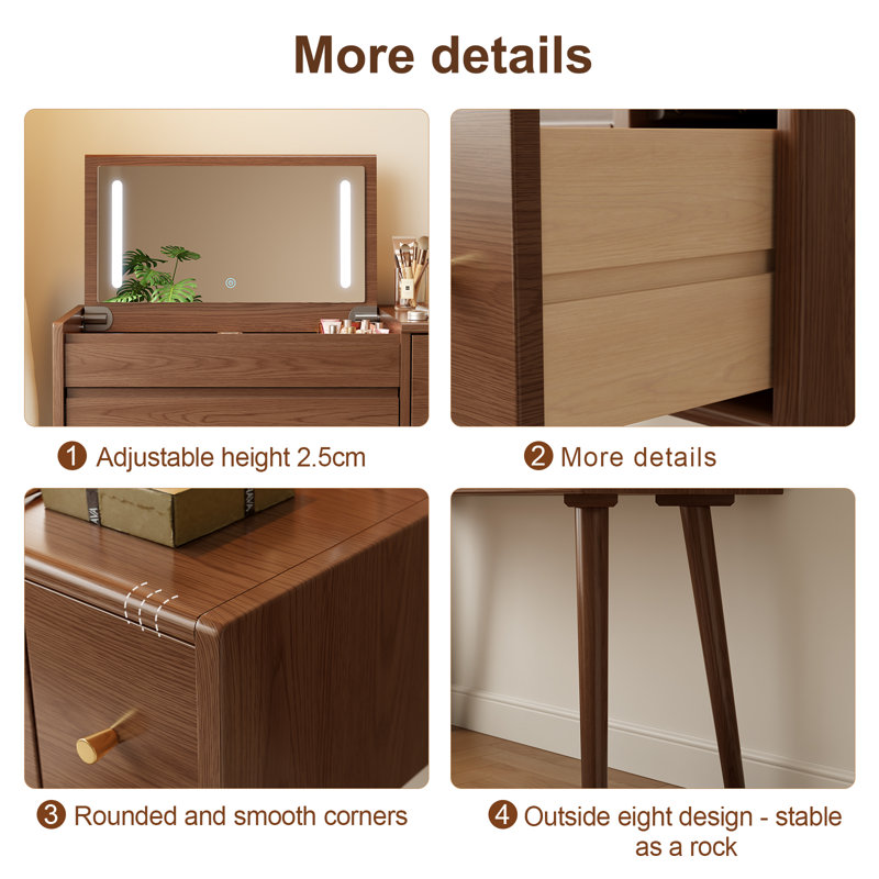 Coiffeuse en bois massif avec miroir inversé et modes d'éclairage, H 43,1 po x l 39,4 po x P 15,7 po - 3 tiroirs, Noir