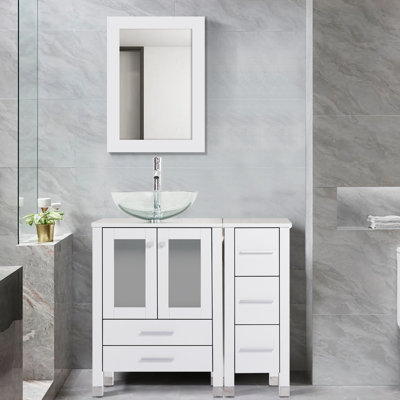 Grayland 36 Single Bathroom Vanity with Wood Top, Vessel Sink, Zinc Alloy Faucet, Solid Wood Legs