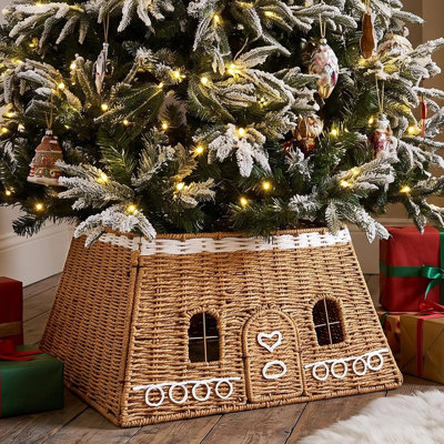 Christmas Gingerbread House Tree Collar, Rattan Brown Christmas Tree Base Cover
