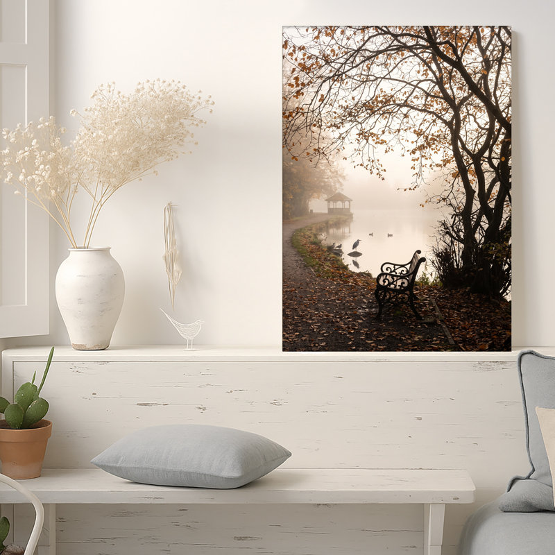 Art mural sur toile "Black Park Bench" par Misty Lake avec Autumn Trees and Gazebo, H 18 po x l 12 po