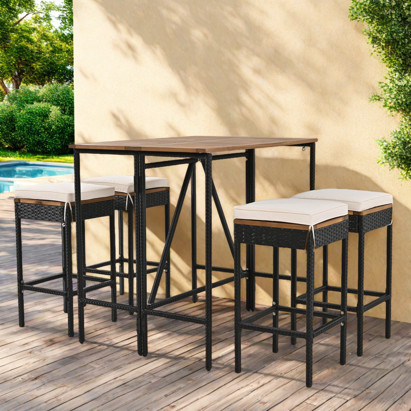 5-piece Outdoor Dining Table Sets Included 1 Foldable Table And Stools With Cushions, 4