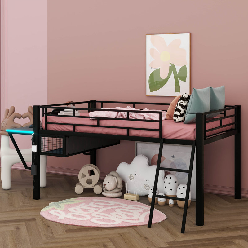 A Mid-Height Gaming Loft Bed Featuring A Built-In Desk And LED Lighting, Full 