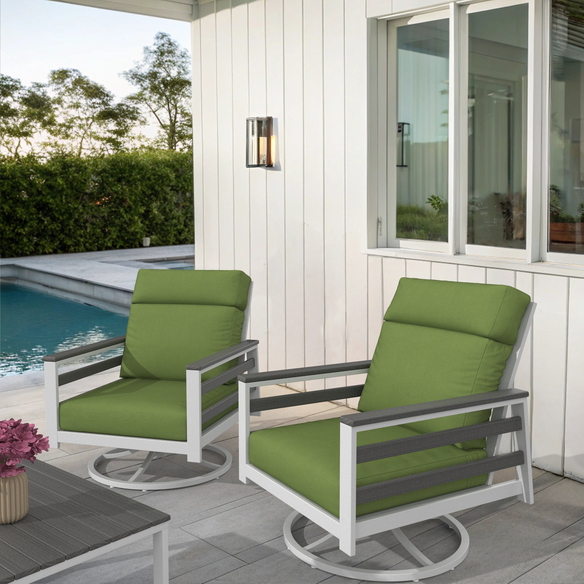 Townsend Metal Outdoor Rocking Chair With Sunbrella Cushion, Gray/White, Spectrum Cilantro