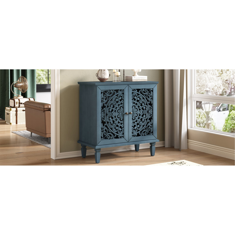 Vintage Hollow-Carved Accent Cabinet, 2-Door Display Storage Sideboard With Symmetrical Floral Design, Adjustable Shelf And  Wood Legs For Living Room Entryway(Antique Blue)