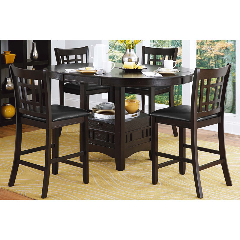 Counter Height Dining Set 5Pc Table W Extension Leaf, Black, Brown Mix