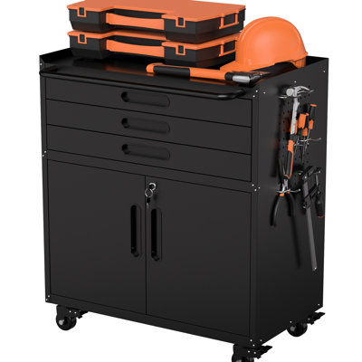34.77 In High Rolling Tool Cabinet, All - One Mobile Workstation With Adjustable Shelf, Silent Drawer Slides, And 4 Swivel 34.3" Heavy Duty Workbench Organizer, Metal Cabinet 3 Drawers, 2 Lockable