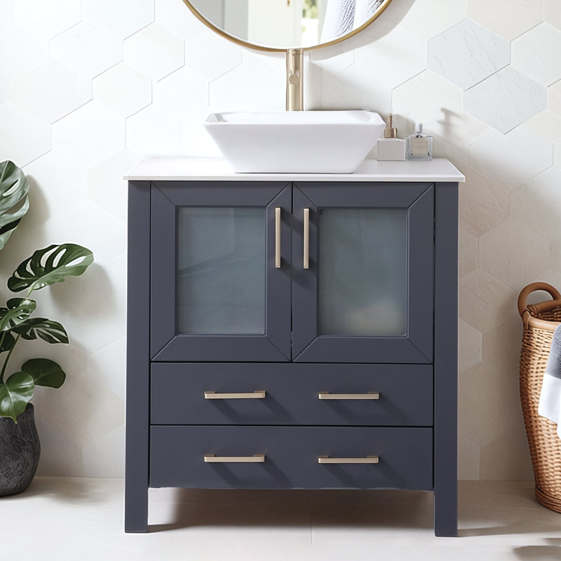 30" Modern Freestanding Dark Gray Bathroom Vanity With Ceramic Vessel Sink And Double Ribbed Glass Doors & 2 Storage Drawers