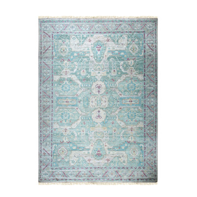 Green Hand Knotted Silk Area Rug