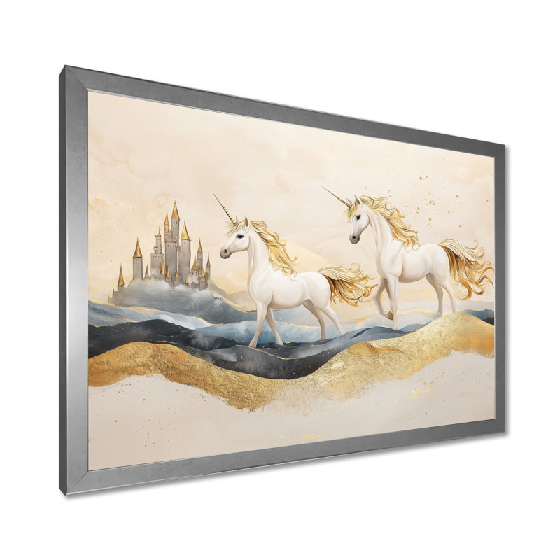 Maricris Golden Unicorns on Cosmic Castle Lanscape I - Licornes, art mural, H 30 po x l 40 po, Cadre flottant, Naturel