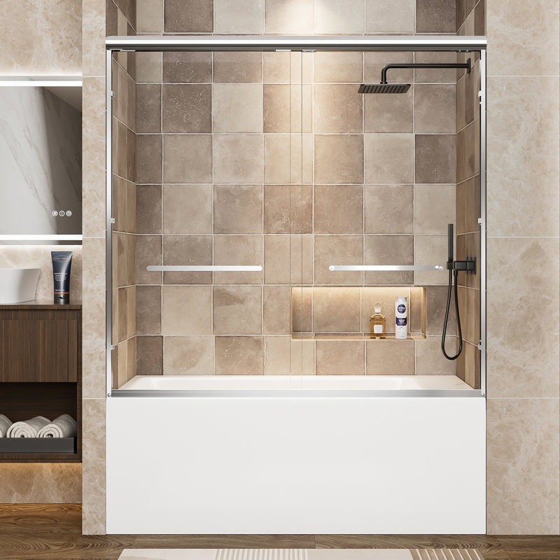  Porte de douche coulissante double en aluminium, porte de baignoire chromée à fermeture en douceur