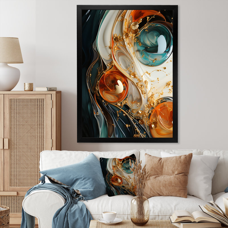 Orange encre tempête VI - art mural abstrait, Cadre simple noir, H 44 po x l 34 po x P 1,5 po