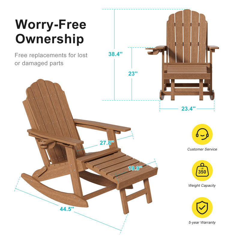 All-Weather HDPE Folding Adirondack Rocking Chair with Retractable Ottoman, 3-Position Adjustable Outdoor Rocking Chair for Patio, Gargen, Deck