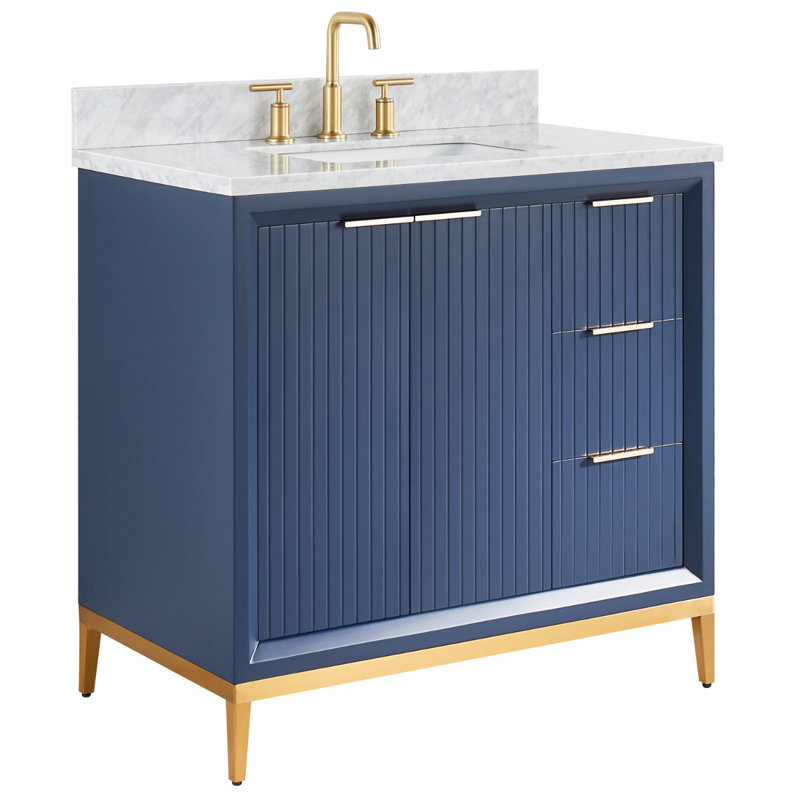 Bungalow 36" Freestanding Standard Single Bathroom Vanity with Top, Gold/Navy Blue