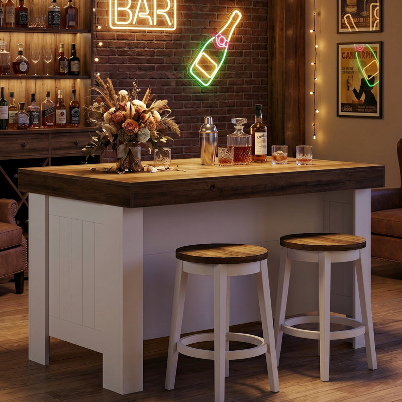 55.12-Inch Wood Bar Table With Storage Shelves, Farmhouse Home Bar Unit Pub Table For Kitchen, Bistro, Brown