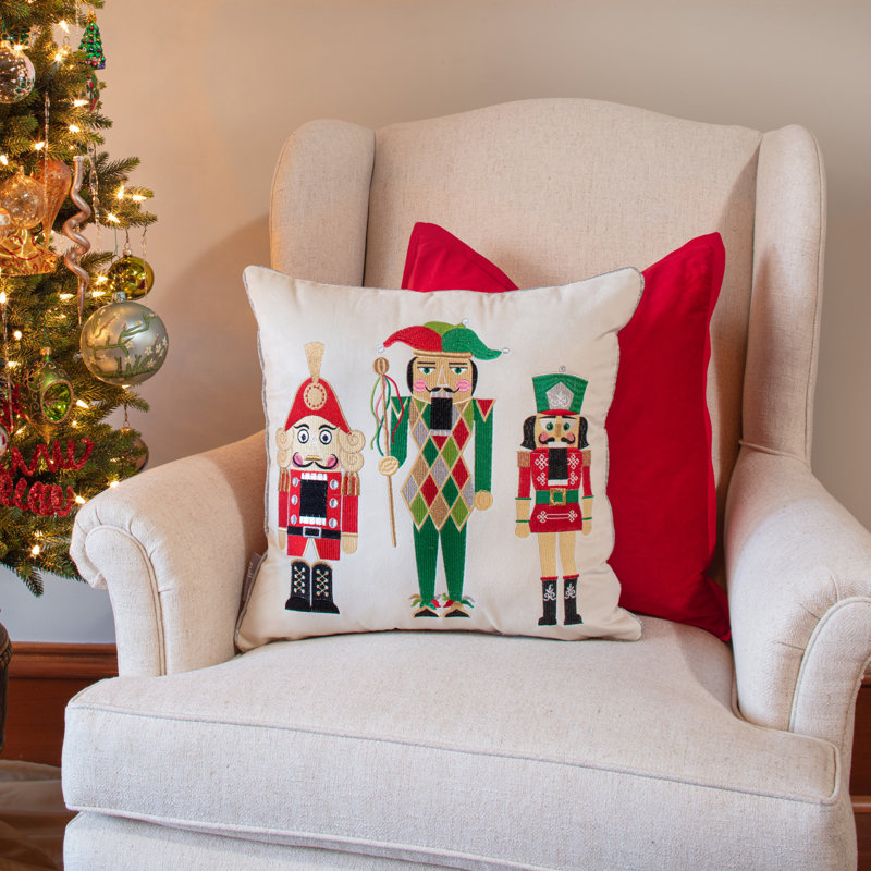 Off-White Velvet Nutcracker Embroidered Euro Throw Pillow Cover