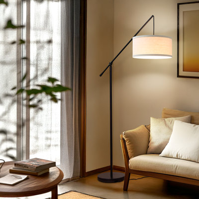 Brightech Hudson 70 In. Modern Height-adjustable Led Tall Standing Floor Lamp With Beige Fabric Drum Shade In Black