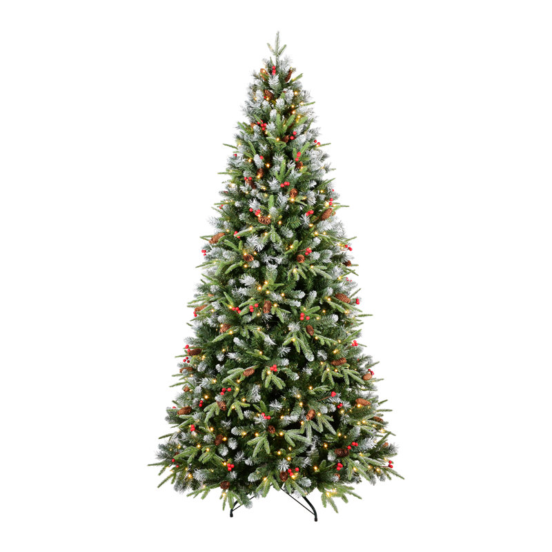 Arbre de Noël 9 pi avec 750 lumières DEL blanc chaud, 3750 branches en PE + PVC, baies rouges et pommes de pin, conception à charnières pour une installation facile