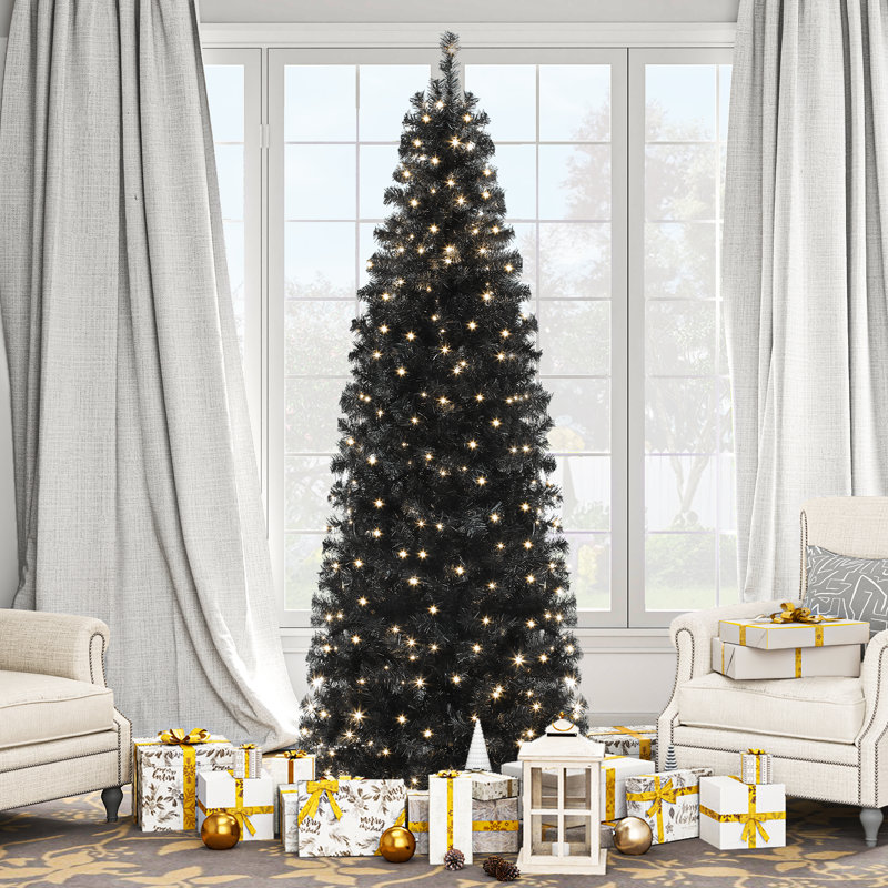 Arbre de Noël articulé 7,5 pi avec lumières réglables pour la fête, noir, 7.5'