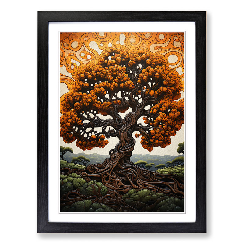 Oak Tree Contemporary - Single Picture Frame Print on Wood, Black , 46cm H x 34cm W x 2cm D