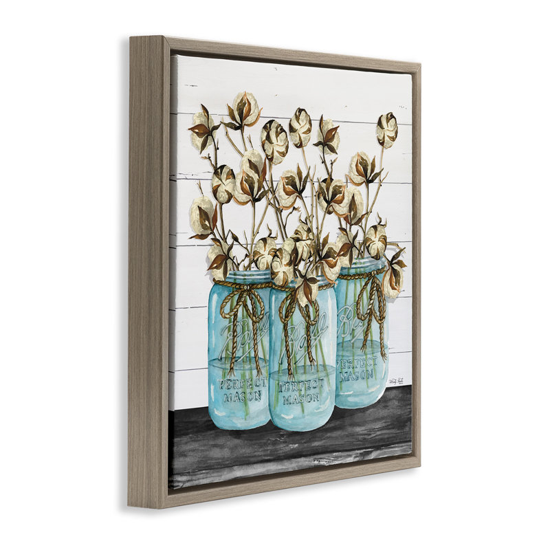 «Cotton in Rustic Jars», art mural encadré sur toile flottante par Cindy Jacobs rwp-162, Cadre flottant orme Montalcino