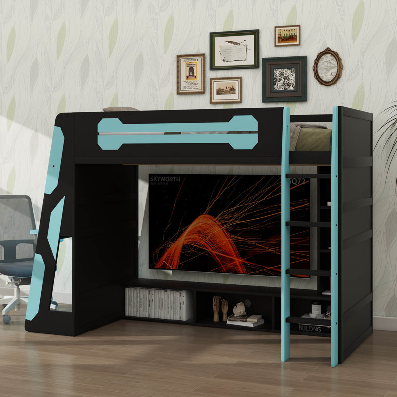 Lit mezzanine simple pour adolescent et adulte, avec bureau, rangement, échelle, barrière de sécurité et éclairage DEL
